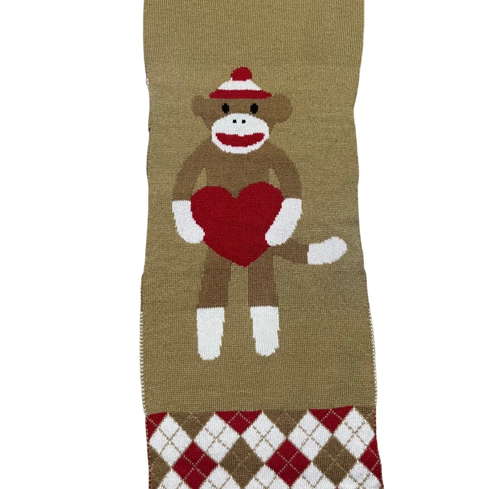 Vintage Sock Monkey Heart Argyle Knit Scarf Tan Red White Valentine Long 75in